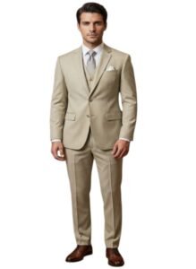 FARMAN Men’s Lycra Blend 3 Piece Suit Set Beige Formal Slim Fit Blazer Waistcoat Trouser Wedding (in, Numeric, 36)