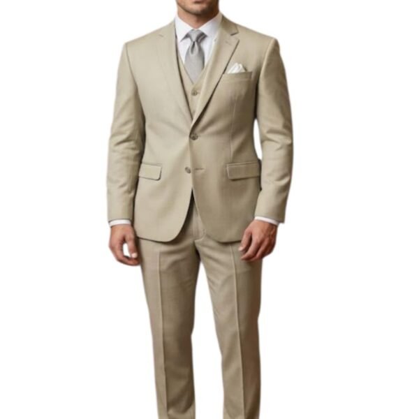 FARMAN Men’s Lycra Blend 3 Piece Suit Set Beige Formal Slim Fit Blazer Waistcoat Trouser Wedding (in, Numeric, 36)