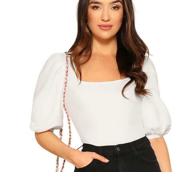 Dream Beauty Fashion Women's Bishop Puff Sleeves Square Neck Slim Top Polyester Blend - Top-Eva White-XL