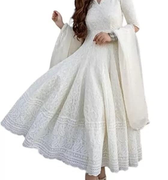 Royal Export Women's Cotton Blend White Chikankari Anarkali Gown with Dupatta | Dresses for Girls | Pant Not Included-L
