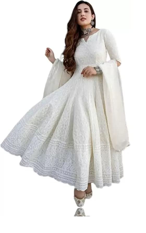 Royal Export Women's Cotton Blend White Chikankari Anarkali Gown with Dupatta | Dresses for Girls | Pant Not Included-L
