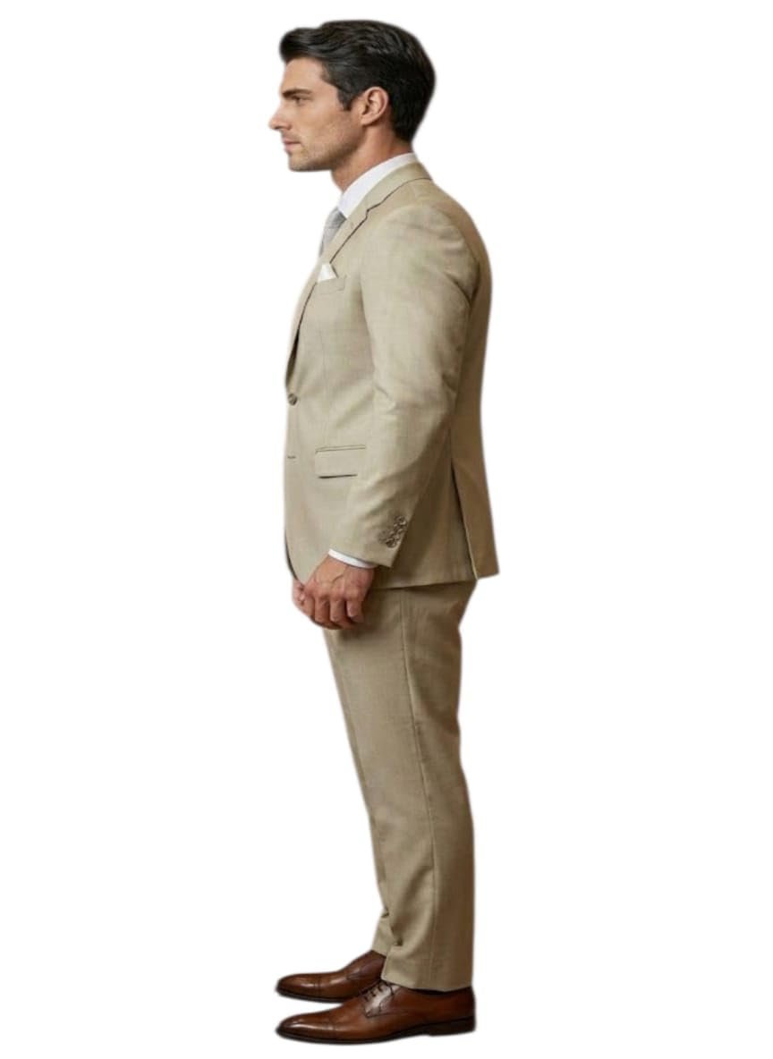 FARMAN Men’s Lycra Blend 3 Piece Suit Set Beige Formal Slim Fit Blazer Waistcoat Trouser Wedding (in, Numeric, 36)