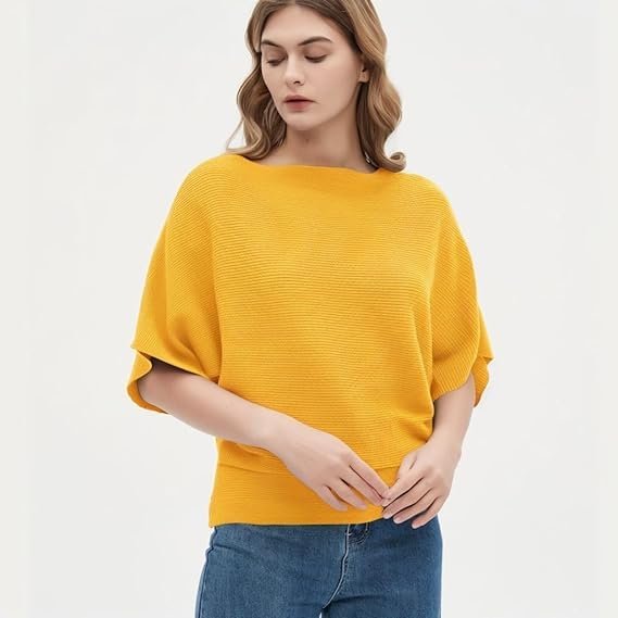 Zilcon Woman Fashion Ribbed Batwing Sleeves Bagy Balloon Style Fit Tops for Women Women Formal, Casual, Office, Date, Outing, Party Tops (in, Alpha, L, Regular, Yellow)