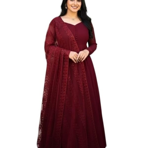 GreenVillage enterprise Designer Faux Georgette Floor Length Red Gown with Embroidered Net Dupatta | Ethnic for Women