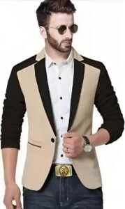 Men's Single Breasted Casual, Formal, Party, Wedding Blazer, Black and Beige (in, Numeric, 42, Black & Beige)