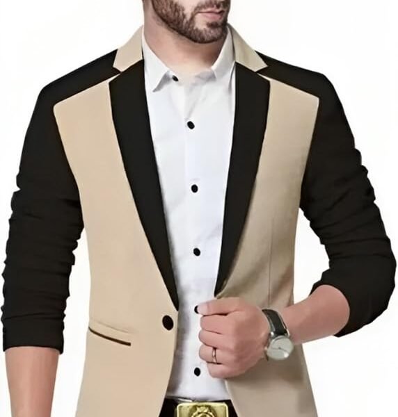 Men's Single Breasted Casual, Formal, Party, Wedding Blazer, Black and Beige (in, Numeric, 42, Black & Beige)