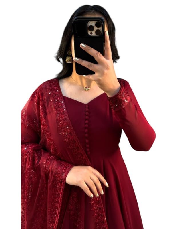 GreenVillage enterprise Designer Faux Georgette Floor Length Red Gown with Embroidered Net Dupatta | Ethnic for Women