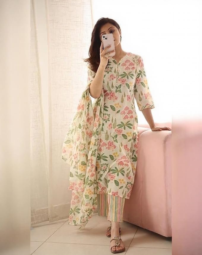 ANNI DESIGNER Women’s Cotton Blend Printed Straight Kurta with Pant & Dupatta (Kumud Cream_L_Cream_Large)