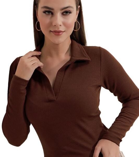 Dream Beauty Fashion Women's Polyester Collared Neck Long Sleeve Slim Fit Casual Tee Top, 23" Inches (Apple-01-Coffe Brown-Xl)