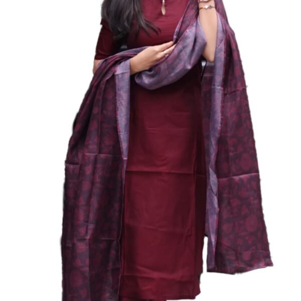 24 Carat Suit Women's Roman Silk Blend Kurta Salwar Suit Set and Dupatta With Casual Traditional Printed Regular Fit V Neck 3/4 Sleeve Straight Calf Length (2CKPD53_Maroon_XL)