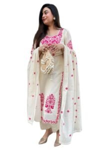 GoSriKi Women's Rayon Viscose Embroidered Straight Kurta with Pant & Dupatta (JIVANTA Cream-GS_L_Cream_Large)