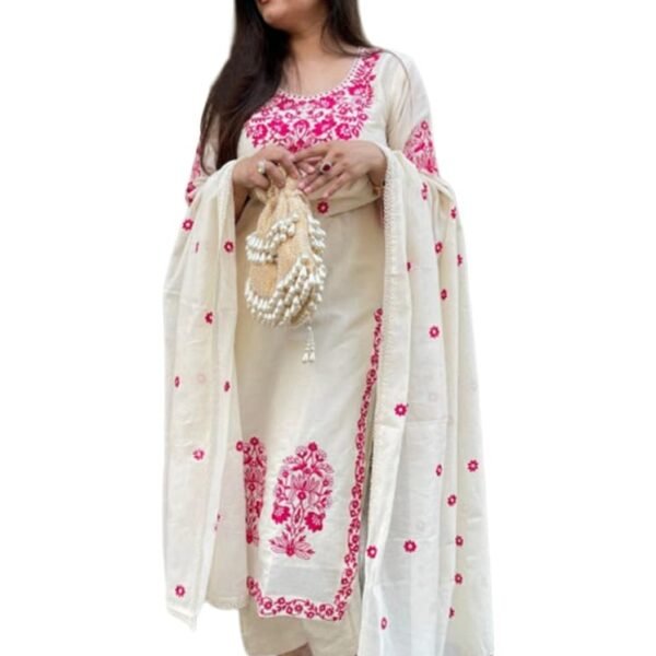GoSriKi Women's Rayon Viscose Embroidered Straight Kurta with Pant & Dupatta (JIVANTA Cream-GS_L_Cream_Large)