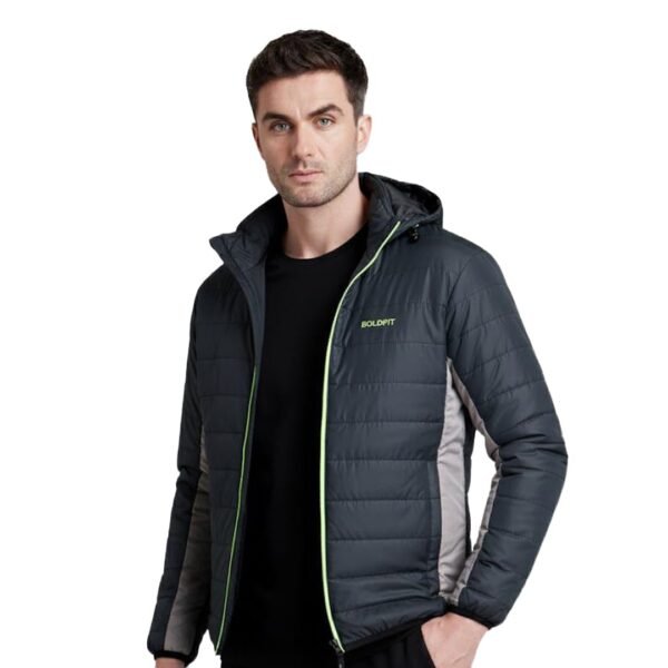 Boldfit Men's Quilted Polyester Standard Length Jacket Monsoon Winter Wear Hooded Winter Padded Bomber Full Sleeve Jacket Black Charcoal Small