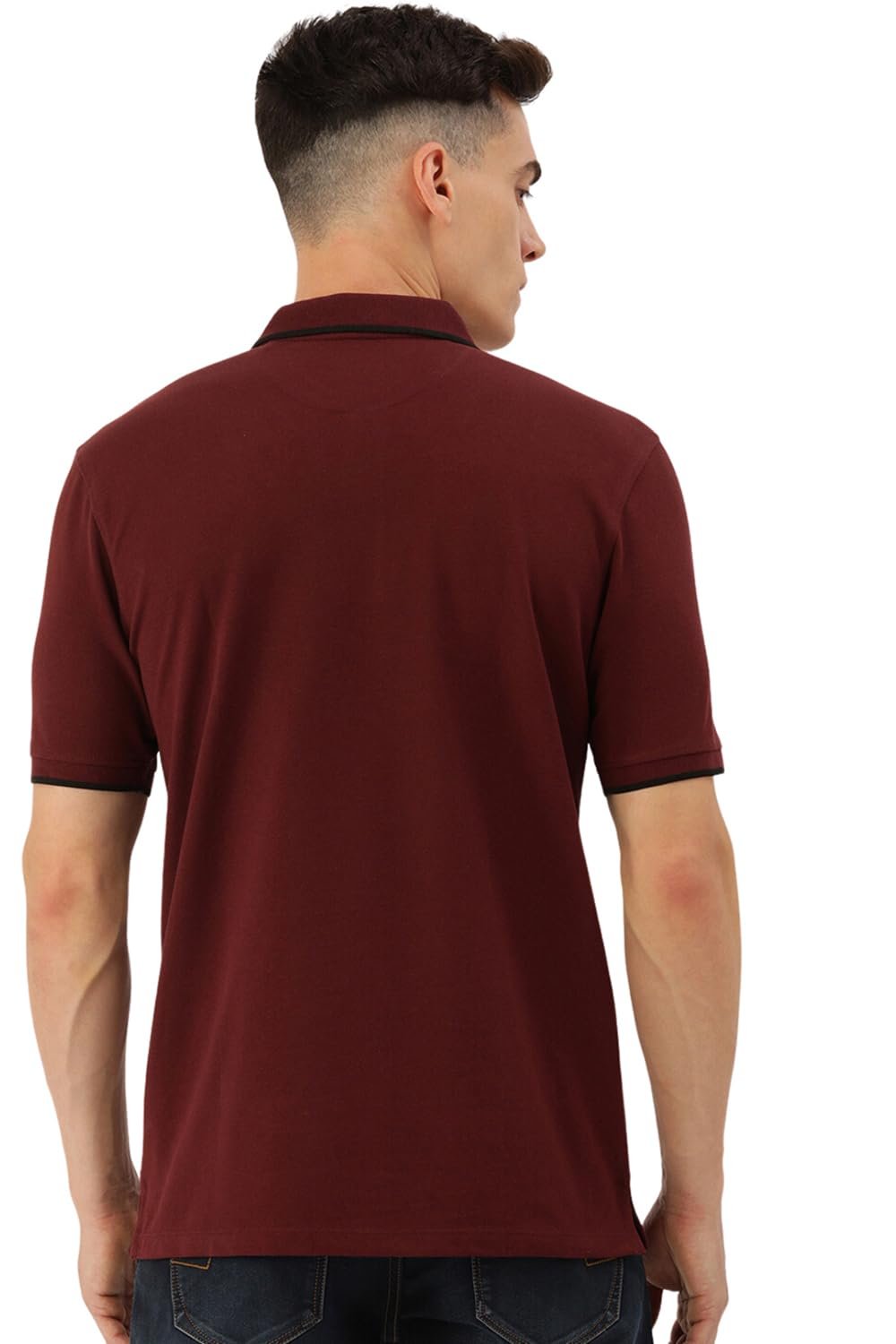 Peter England Men’s Snug Fit Solid Polo T-Shirt with Coloured Collar Tipping| Cotton Rich| Premium Pique Weave Maroon