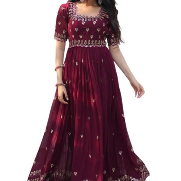 SAMRAGNI Women's Faux Georgette Fabric Embroidery Zari Sequence Work Gown Fully Stitched | Square Neck & 3/4 Sleeve | Lightweight and Breathable Fabric-Wine-SIZE-2XL-NA-7550