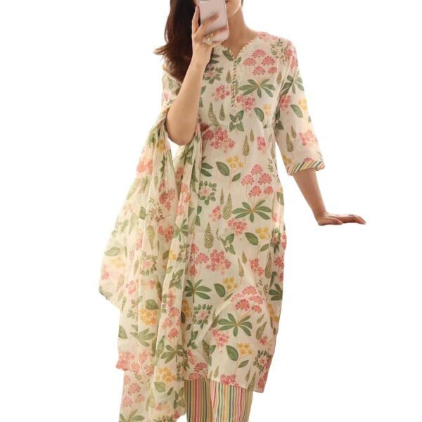 ANNI DESIGNER Women's Cotton Blend Printed Straight Kurta with Pant & Dupatta (Kumud Cream_L_Cream_Large)