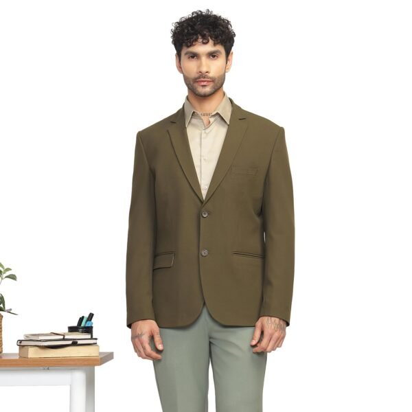 SUBTRACT Jade Olive Slim Fit Single-Breasted Stretchable Blazer for All Seasons