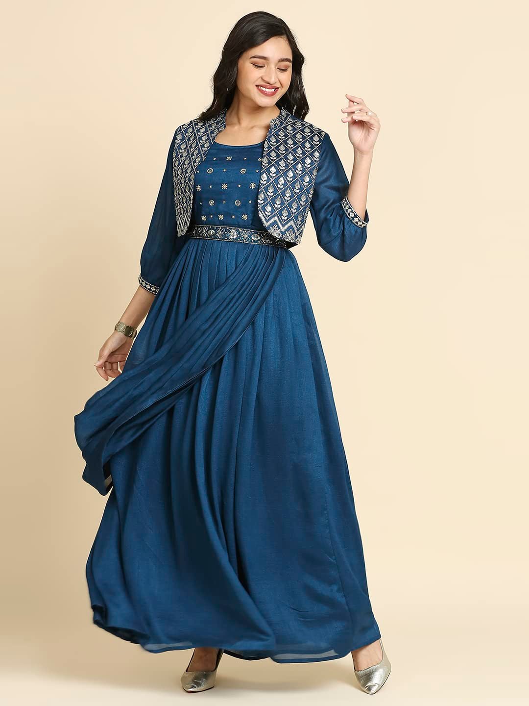 madhuram textiles Women’s Long Gown For Solid Silk With Heavy Embroidery And Hand Work Belt And Jacket With Round Neck Gown(M-2424 Peacock Blue_Small)