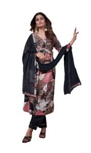 Vamika nx Floral Print Salwar Suit Set with Dupatta, V-Neck Empire Waist Kurta, Pink and White, 3-Piece (IN, Alpha, 2XL, Regular, Standard, Black)