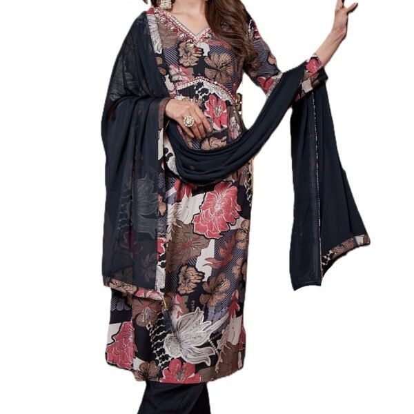 Vamika nx Floral Print Salwar Suit Set with Dupatta, V-Neck Empire Waist Kurta, Pink and White, 3-Piece (IN, Alpha, 2XL, Regular, Standard, Black)