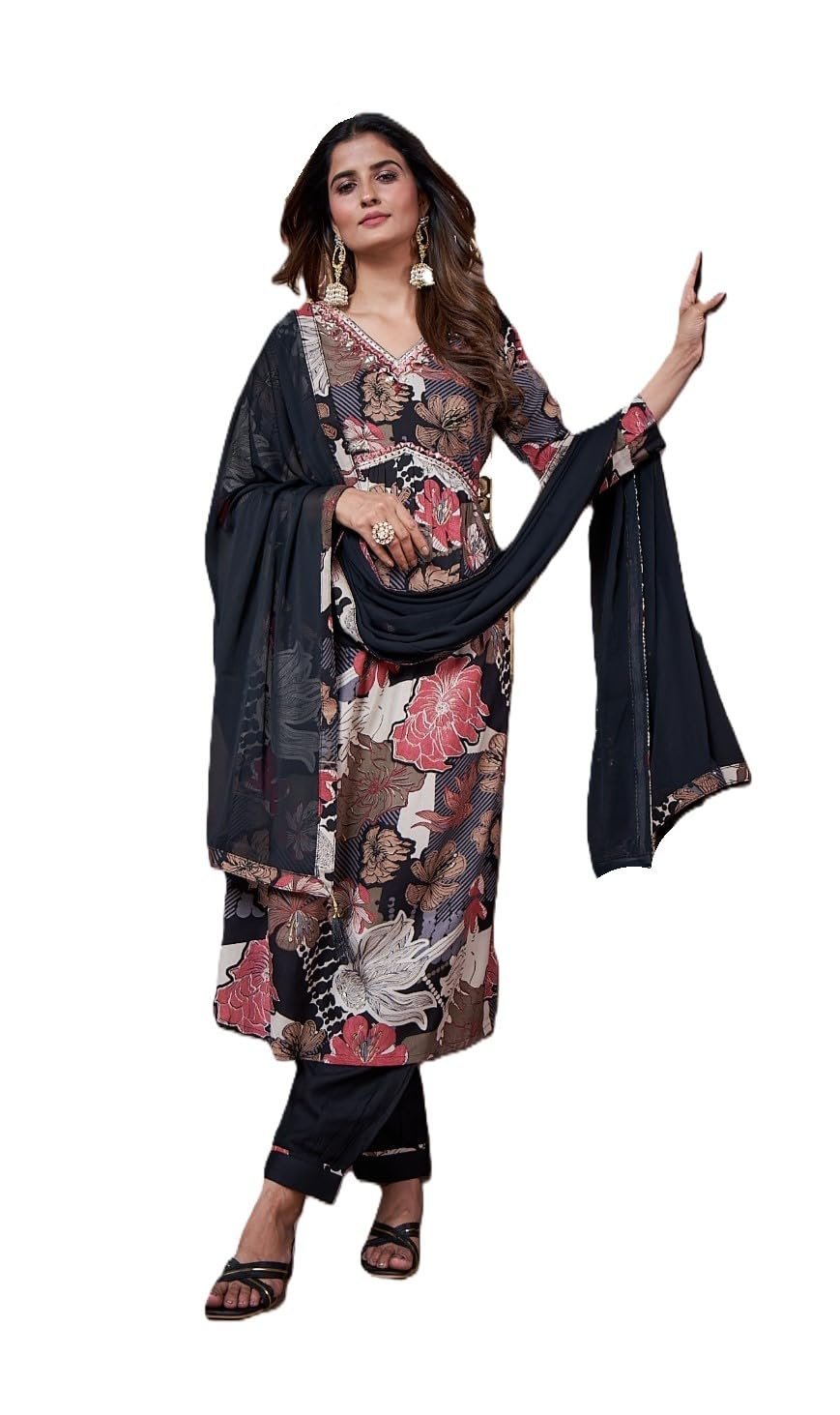 Vamika nx Floral Print Salwar Suit Set with Dupatta, V-Neck Empire Waist Kurta, Pink and White, 3-Piece (IN, Alpha, 2XL, Regular, Standard, Black)