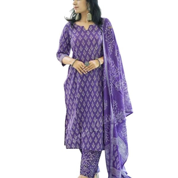 MEERA FAB Women's Cotton Printed Straight Kurta With Palazzo & Dupatta Set (Xxx-Large), Purple
