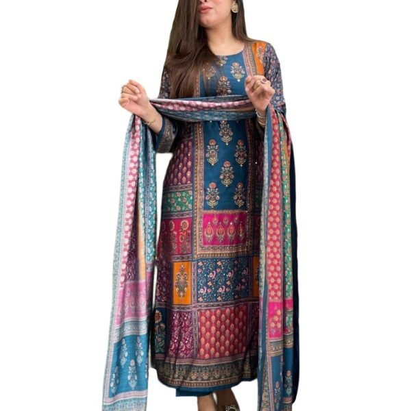 GoSriKi Women's Rayon Viscose Printed Straight Kurta with Pant & Dupatta (Sula Multi-GS_L_Multicolor_Large)