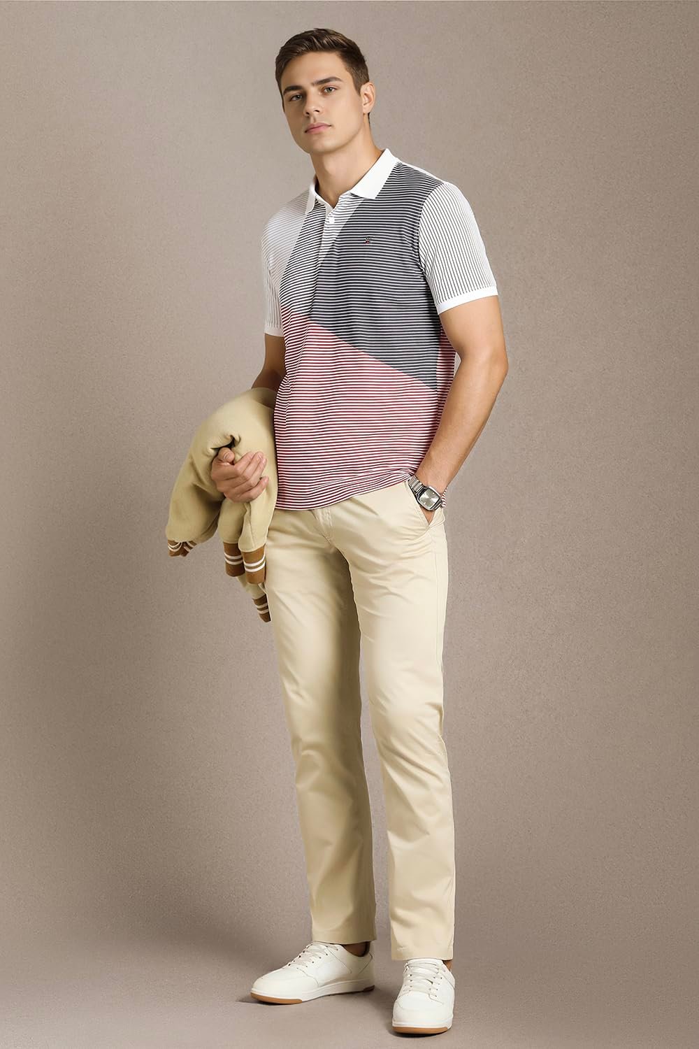 Louis Philippe Men’s Striped Slim Fit T-Shirt (LYKPSSLH438176_White