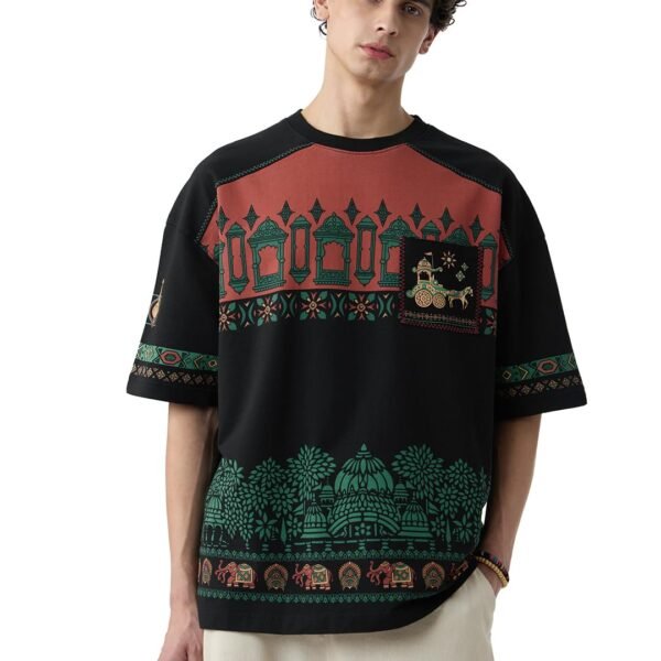 The Souled Store Kurukshetra Men and Boys Short Sleeves Round Neck Black All Over Printed Cotton Super Oversized T-Shirts