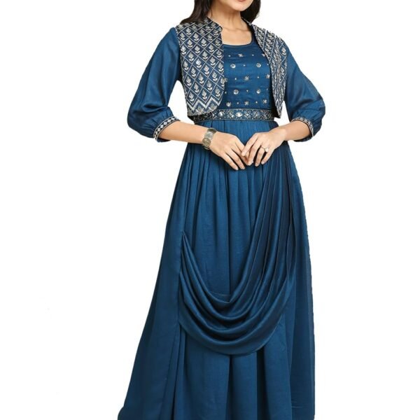 madhuram textiles Women's Long Gown For Solid Silk With Heavy Embroidery And Hand Work Belt And Jacket With Round Neck Gown(M-2424 Peacock Blue_Small)
