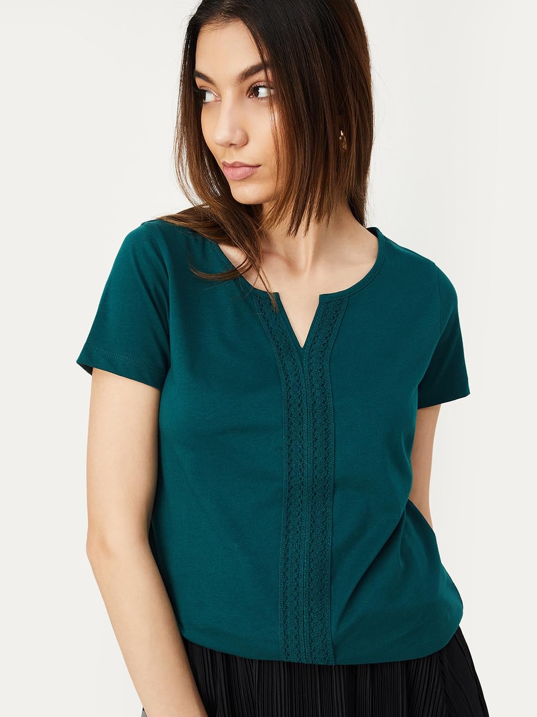 Max Women Regular Fit Cotton Crochet Panel Notched Neck Top (Mariah1Bdark Green)_M
