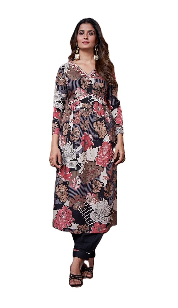 Vamika nx Floral Print Salwar Suit Set with Dupatta, V-Neck Empire Waist Kurta, Pink and White, 3-Piece (IN, Alpha, 2XL, Regular, Standard, Black)