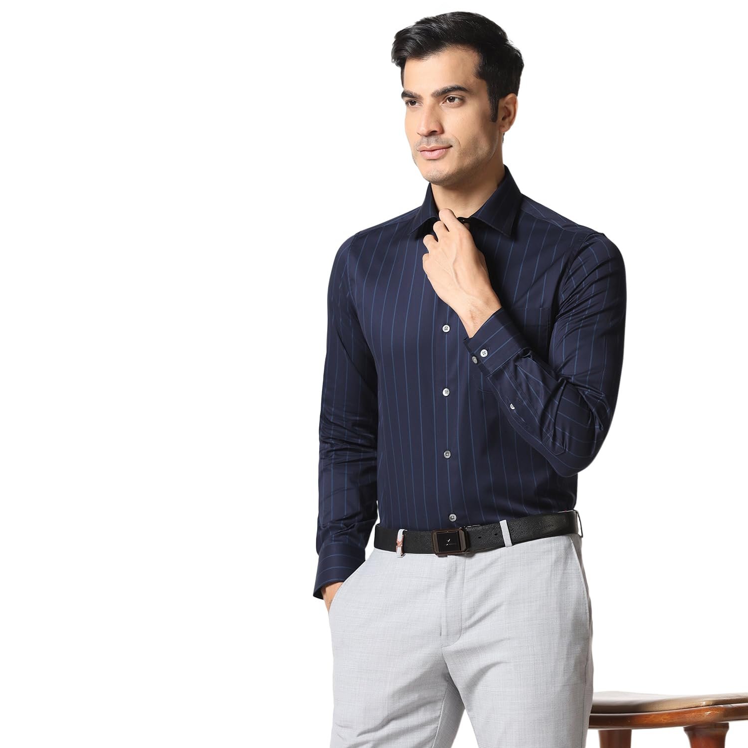 blackberrys Men Cherry Lacquer Luxe India Slim Fit Shirt | Rich Tone Solid Shirt with Full Sleeves, Structured Fit and Elegant Formal Appearance | Size 38, Color Blue