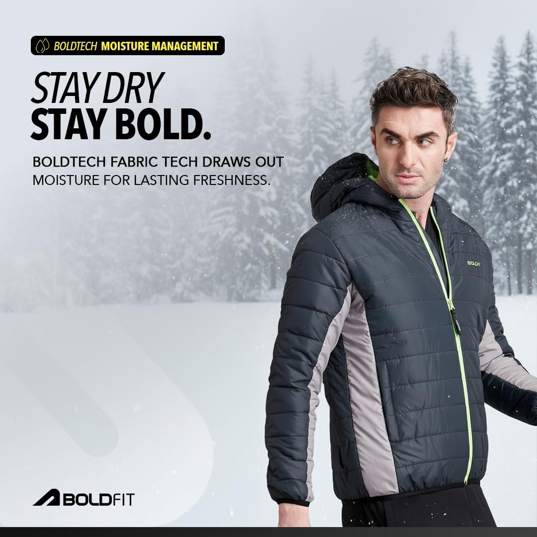 Boldfit Men’s Quilted Polyester Standard Length Jacket Monsoon Winter Wear Hooded Winter Padded Bomber Full Sleeve Jacket Black Charcoal Small