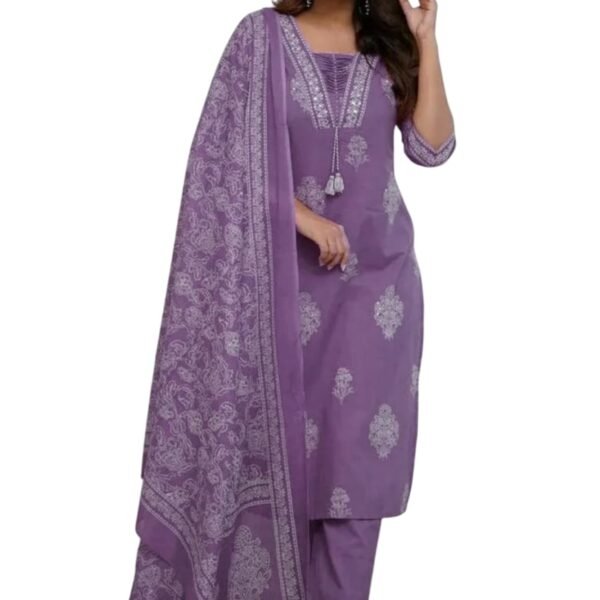 PARTHV Women's Pure Cotton Printed with Handwork Kurta with Pants and Dupatta Set, Wedding Ethnic Suit Set, P-1079, Purple, XXL