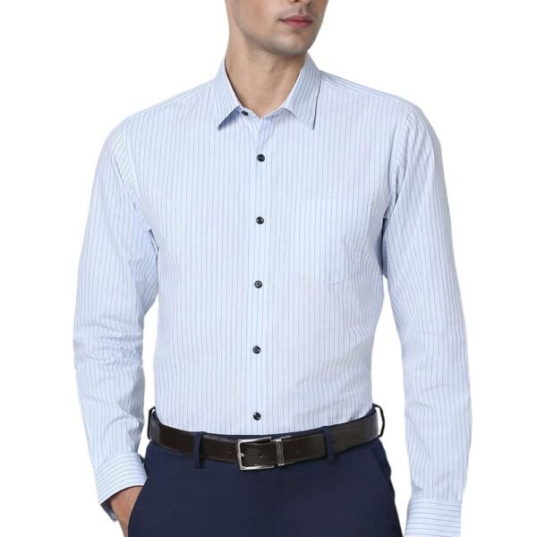 Peter England Men's Striped Slim Fit Full Sleeve Formal Shirt | Cotton-Rich | Wonder Fabric | Pin-Point Oxford Weave Blue