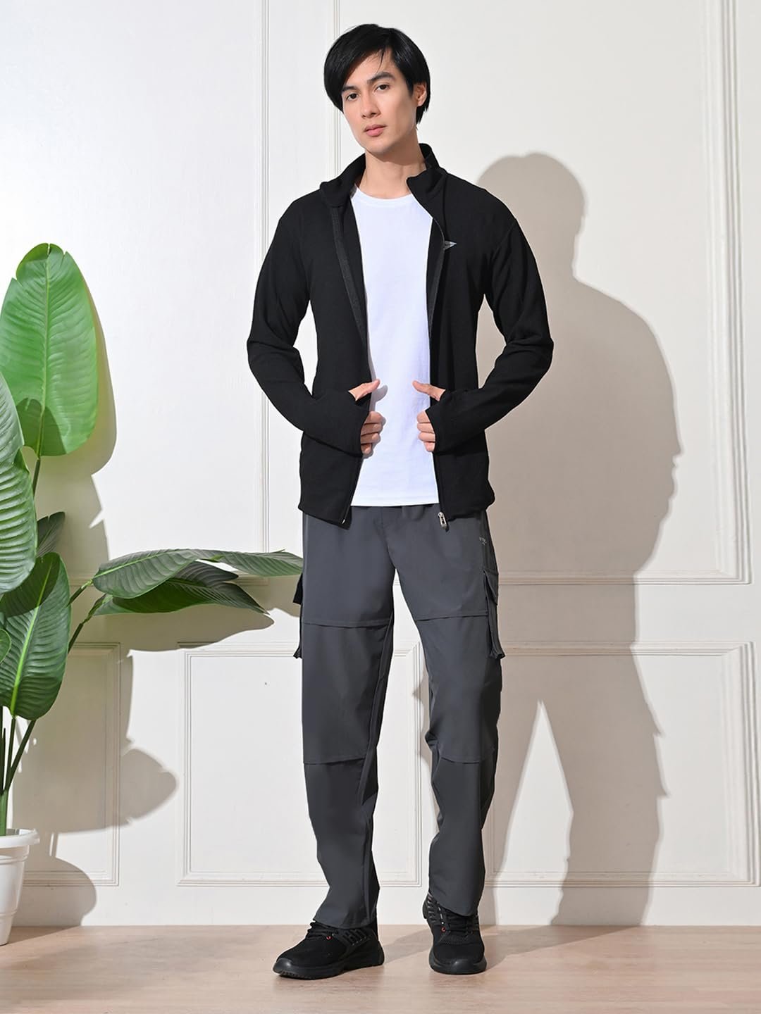 FITINC Sunscreen Jacket with Thumb Hole & Coolrush Technology – Polyester Jacket for Men, Black, Medium