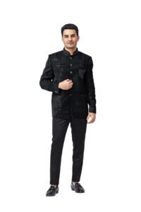 AESTHELIA Men's Black Designer Prince Coat with Chest Embroidery and Matching Black Trouser Set | Festive & Wedding Ethnic Wear | Regular Fit
