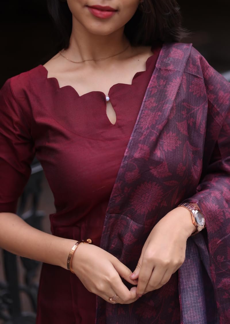 24 Carat Suit Women’s Roman Silk Blend Kurta Salwar Suit Set and Dupatta With Casual Traditional Printed Regular Fit V Neck 3/4 Sleeve Straight Calf Length (2CKPD53_Maroon_XL)