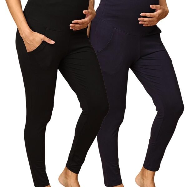The Mom Store Maternity Leggings | Comfort Stretch Pregnancy Leggings for Women | Over The Belly Design | Maternity Wear for Pregnant Women(Black & Navy, 2XL)