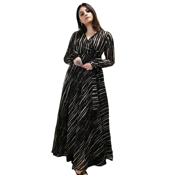 Fashion2wear Women's Black Color Georgette Long Sleeve Round Neck All Over Print Maxi Length Anarkali XXL Stitched Gown for Girls. (Ankita-Black-XXL)