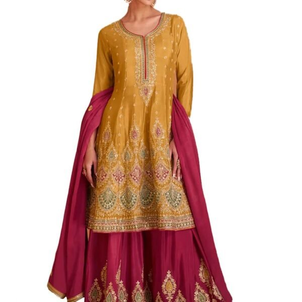 Miss Ethnik Women's Golden Yellow and Pink Color Readymade Chinon Embroidered Kurta Palazzo Set With Embroidered Dupatta (ME-1136-Yellow-4XL)