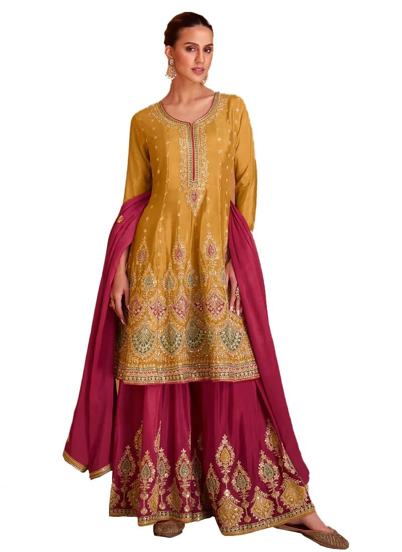 Miss Ethnik Women's Golden Yellow and Pink Color Readymade Chinon Embroidered Kurta Palazzo Set With Embroidered Dupatta (ME-1136-Yellow-4XL)