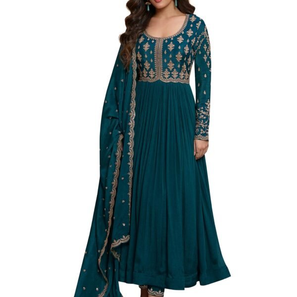 TRENDMALLS Women's Silk Blend Embroidery Anarkali Kurta Pant Set with Dupatta (G334-Morpeach-3XL)