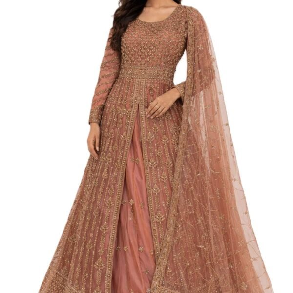 Women’s Brown Anarkali Gown with Gold Embroidery and Net Dupatta – Free Size Long Sleeve A-Line Ethnic Wedding Dress