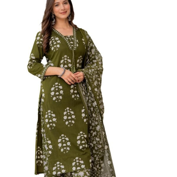 PARTHVI Women's Pure Cotton Printed Straight Kurta Set with Palazzo Pants & Dupatta- Ethnic Wear, Green