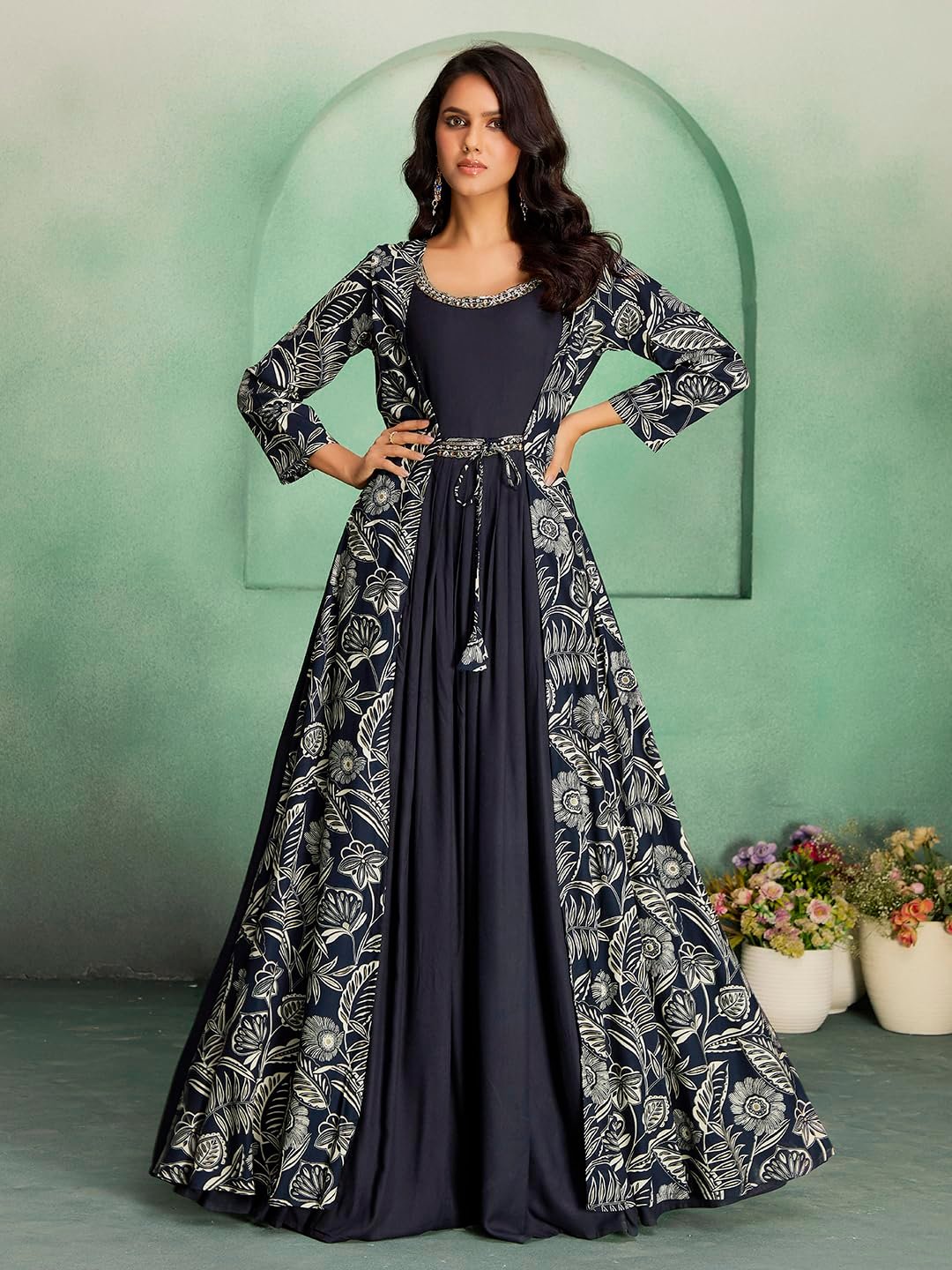 madhuram textiles Women’s Rayon Print with Hand Embroidery Work Anarkali Long Gown(M-2546 Navy Blue_Small)