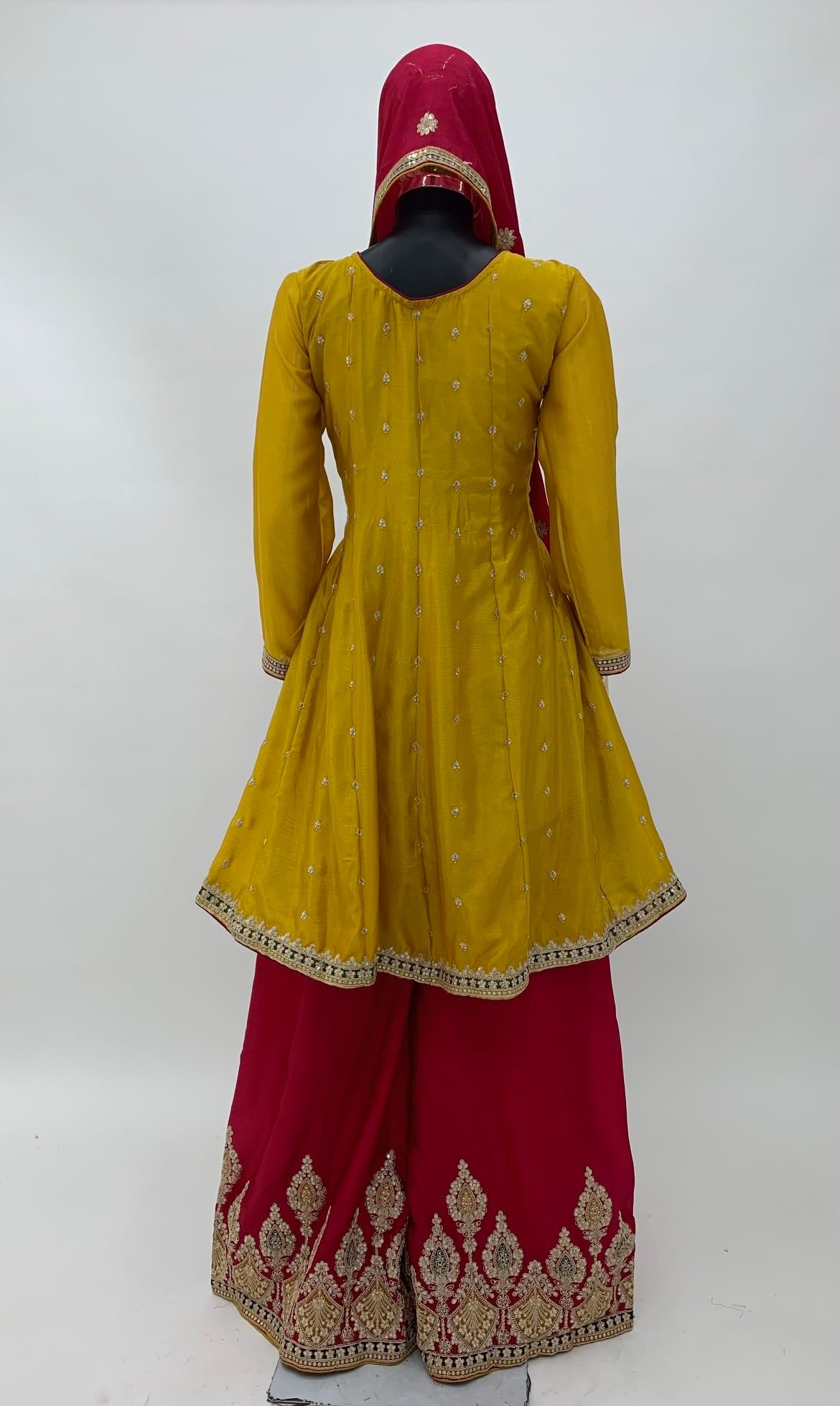 Miss Ethnik Women's Golden Yellow and Pink Color Readymade Chinon Embroidered Kurta Palazzo Set With Embroidered Dupatta (ME-1136-Yellow-4XL) - Image 3