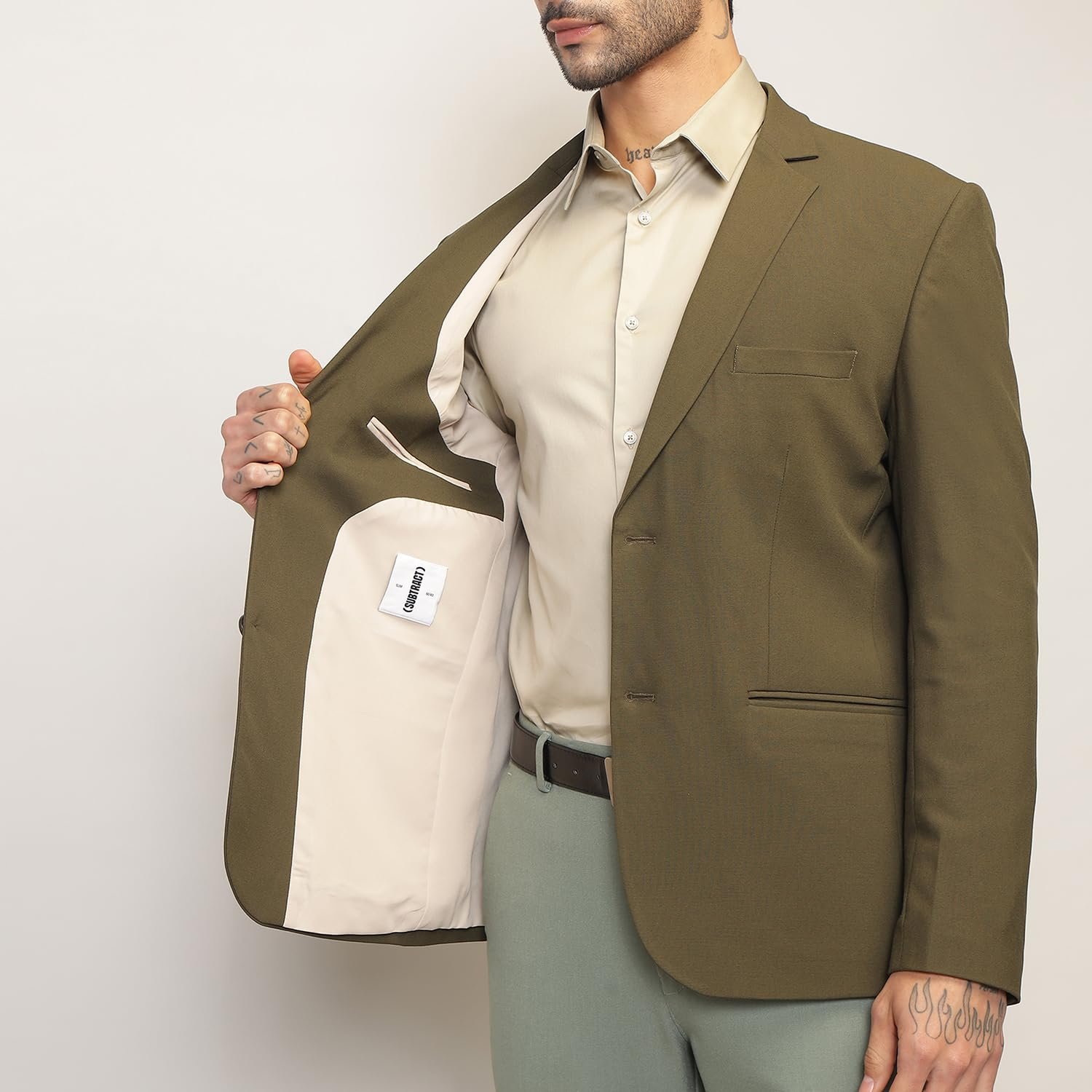 SUBTRACT Jade Olive Slim Fit Single-Breasted Stretchable Blazer for All Seasons