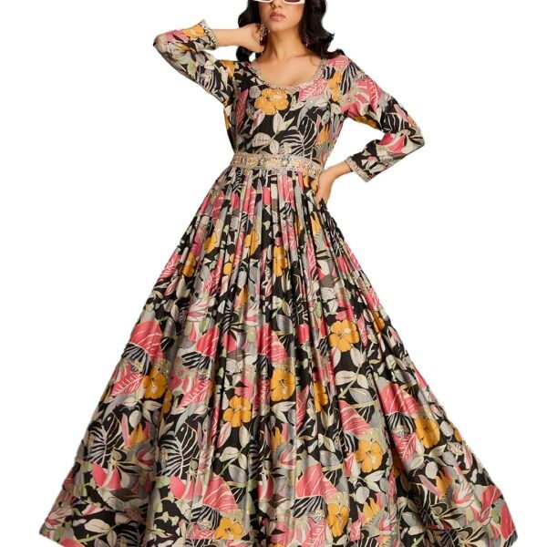 madhuram textiles Women's vetican Print with Hand Embroidery Work Anarkali Long Gown(M-2544 Black_Medium)